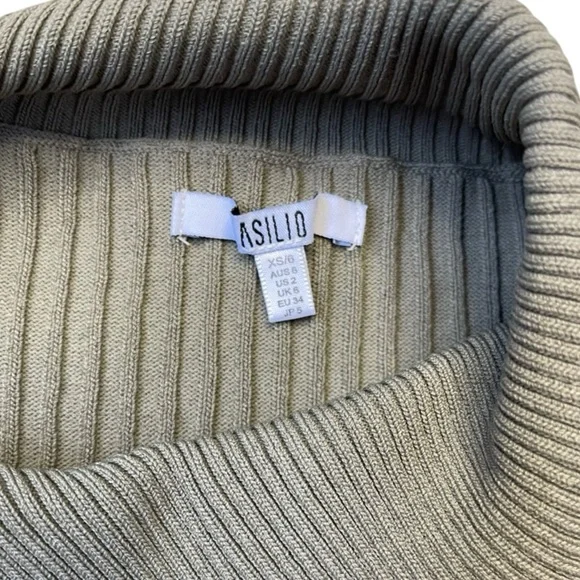 ASILIO CROPPED ASYMMETRICAL BUTTON LONG SLEEVE RIBBED SWEATER OLIVE GREEN 2 - Picture 5 of 9